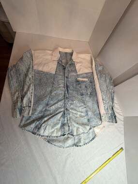 Vintage Acid Wash Denim and Striped Panel Long Sleeve Shirt